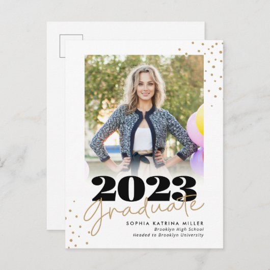 Eleganter Graduate Class Gold Dots Foto Abschluss Ankündigungspostkarte (Vorne/Hinten)