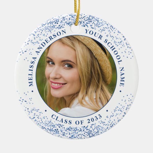 Eleganter Graduate Custom 2 Foto Blue Abschluss Keramik Ornament (Vorne)