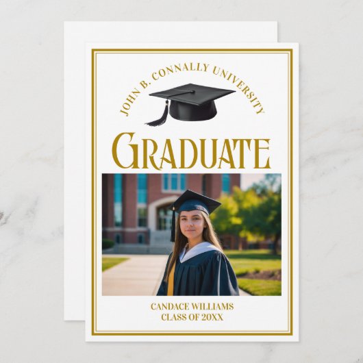 Eleganter Graduate Foto Gold Typografy Abschluss Ankündigung (Vorne/Hinten)