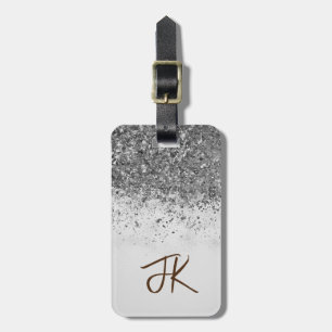 Eleganter Graue und Silberner Glitzer Mit Monogram Gepäckanhänger