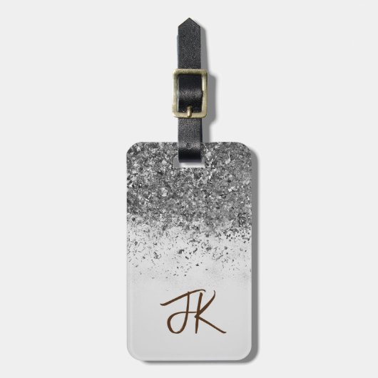 Eleganter Graue und Silberner Glitzer Mit Monogram Gepäckanhänger (Vorderseite vertikal)