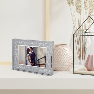 Eleganter grauer botanischer Rahmen Hochzeit Fotoblock