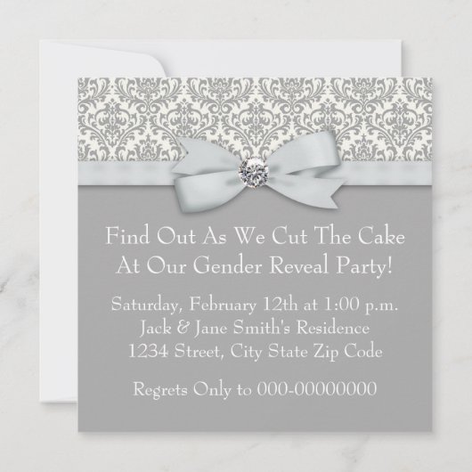 Eleganter Grauer Damaske-Geschlechtsdusche Einladung (Rückseite)