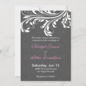 Eleganter grauer Damast und weiße Wirbel Hochzeit Einladung (Vorderseite)