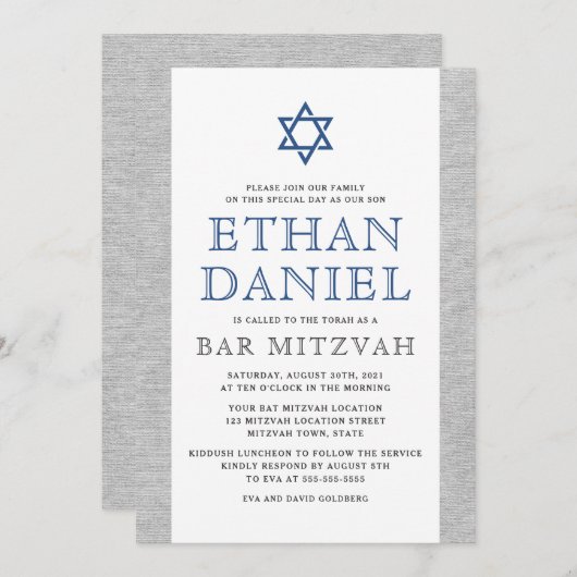 Eleganter grauer Leinen blauer Star von David Bar Einladung (Vorne/Hinten)