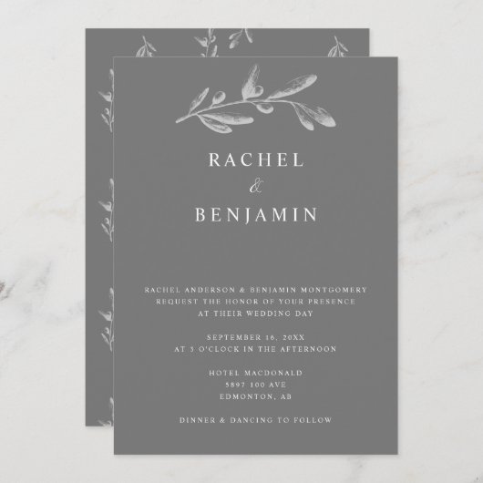 Eleganter grauer monochromer Botanischer Minimalwe Einladung (Vorne/Hinten)