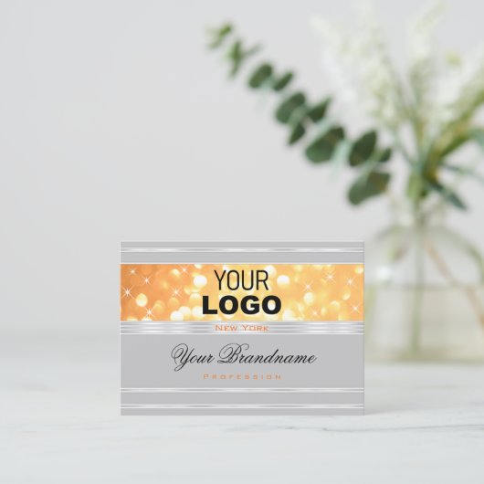 Eleganter grauer Orange Glitzer Logo Silver Border Visitenkarte (Stehend Vorderseite)