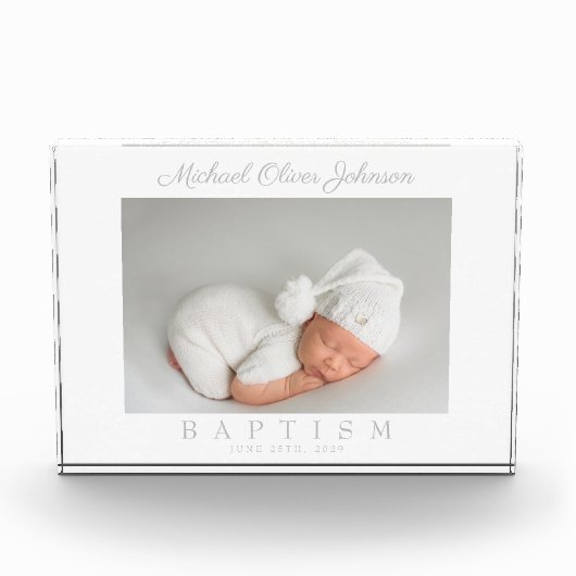 Eleganter Grauskript-Taufblock-Foto Fotoblock (Vorderseite)