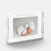 Eleganter Grauskript-Taufblock-Foto Fotoblock (Links)