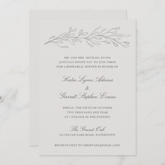 Eleganter Graustift Sketch Twig Probe Abendessen Einladung (Vorne/Hinten)