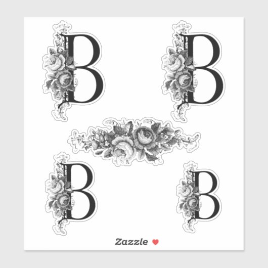 Eleganter, gravierter Floral Monogramm Letter B Aufkleber (Blatt)