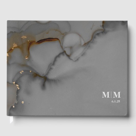 Eleganter Gray Alcohol Ink Wedding Gold Gästebuch (Vorderseite)