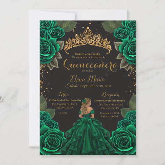 Eleganter Green Black Quinceñera Rose Gold Glitzer Einladung (Vorderseite)