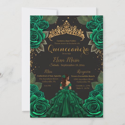 Eleganter Green Black Quinceñera Rose Gold Glitzer Einladung (Vorderseite)