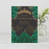 Eleganter Green Black Quinceñera Rose Gold Glitzer Einladung (Stehend Vorderseite)