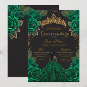 Eleganter Green Black Quinceñera Rose Gold Glitzer Einladung (Vorne/Hinten)