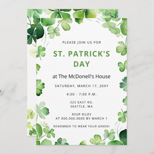 Eleganter Green Clover Kleeblatt St Patricks Day Einladung (Vorne/Hinten)