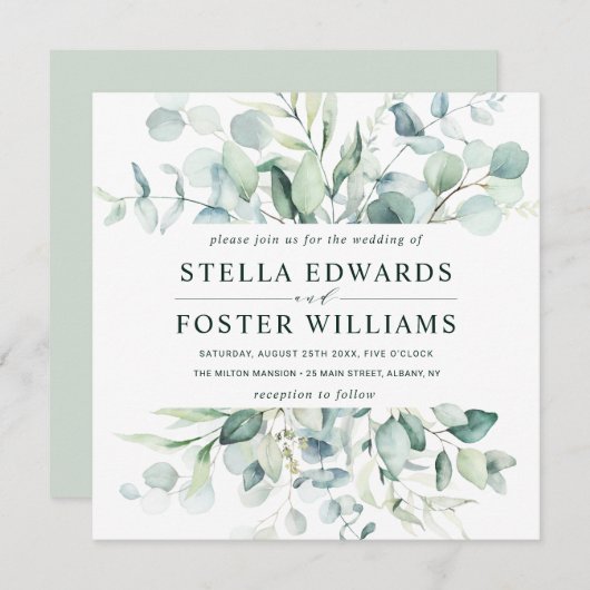 Eleganter Green Foliage Wedding Square Einladung (Vorne/Hinten)