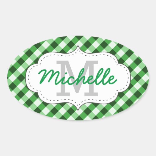 Eleganter Green Gingham Pattern Personalisierter N Ovaler Aufkleber (Vorderseite)