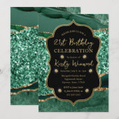 Eleganter Green & Gold Glitzer Agate 21. Geburtsta Einladung (Vorne/Hinten)