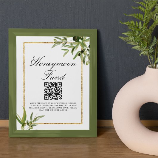 Eleganter Green Gold Leaf Wedding Honeymoon Fund Poster