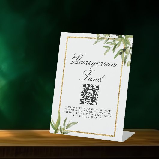 Eleganter Green Gold Leaf Wedding Honeymoon Fund Sockelschild