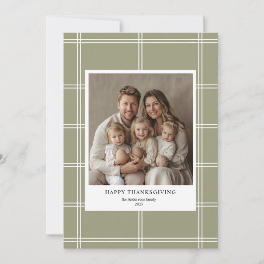 Eleganter Green Kariert Family Foto Erntedank Einladung (Vorderseite)
