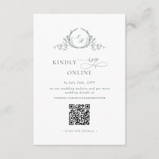 Eleganter Green Monogram UAWG Online QR Code Begleitkarte (Vorderseite)