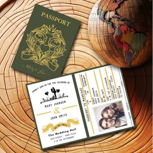 Eleganter Green Passport Stil Einladung zur Hochze