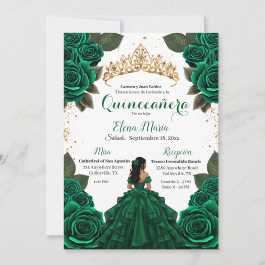 Eleganter Green Quinceñera Rose Gold Glitzer Einladung (Vorderseite)