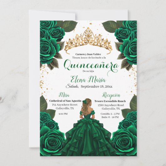 Eleganter Green Quinceñera Rose Gold Glitzer Einladung (Vorderseite)