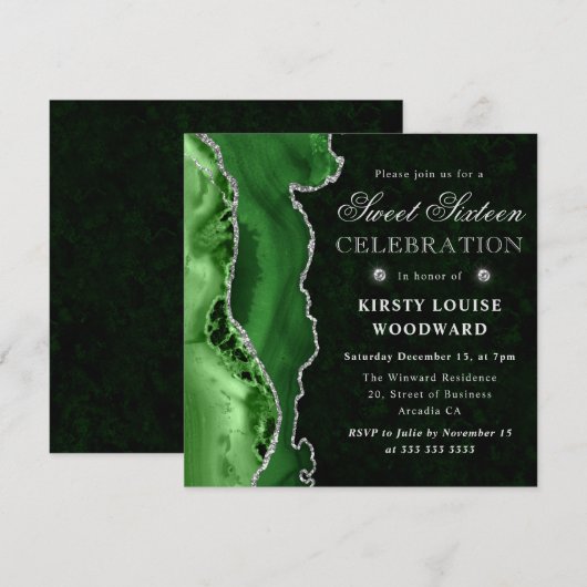 Eleganter Green & Silver Glitzer Agate 16 . Geburt Einladung (Vorne/Hinten)