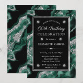 Eleganter Green & Silver Glitzer Agate 60. Geburts Einladung (Vorne/Hinten)