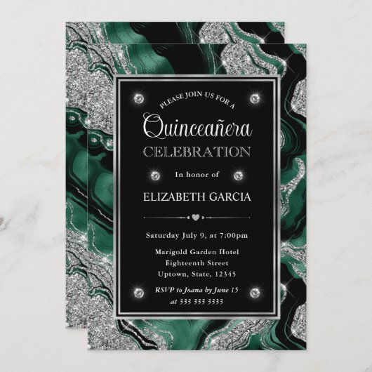 Eleganter Green & Silver Glitzer Agate Quinceanera Einladung (Vorne/Hinten)