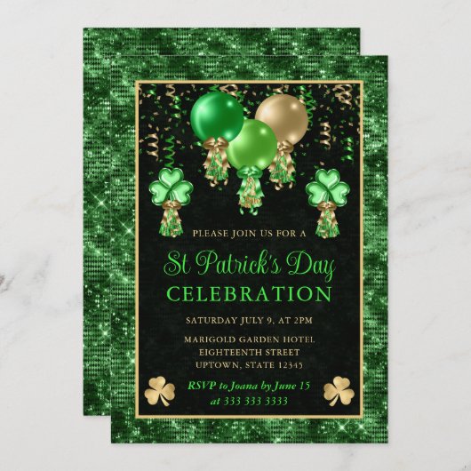 Eleganter Green und Gold Balloons St Patrick's Day Einladung (Vorne/Hinten)