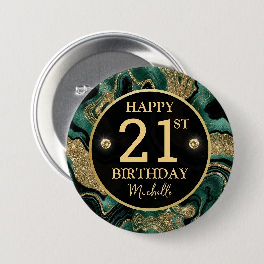 Eleganter Green und Gold Glitzer Agate Birthday Button (Vorne & Hinten)