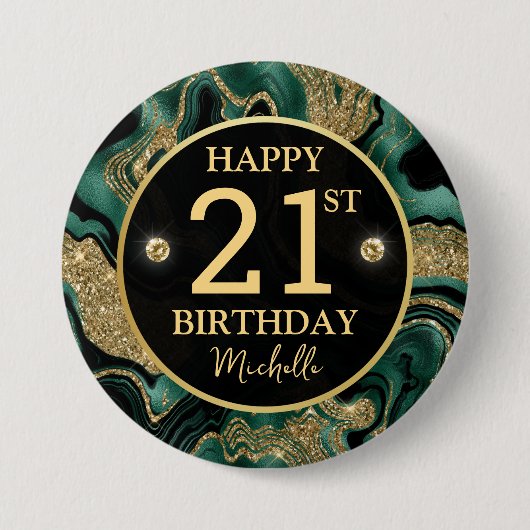 Eleganter Green und Gold Glitzer Agate Birthday Button (Vorderseite)