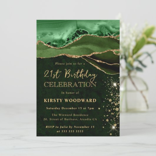 Eleganter Green und Gold Glitzer Agate Birthday Einladung (Stehend Vorderseite)