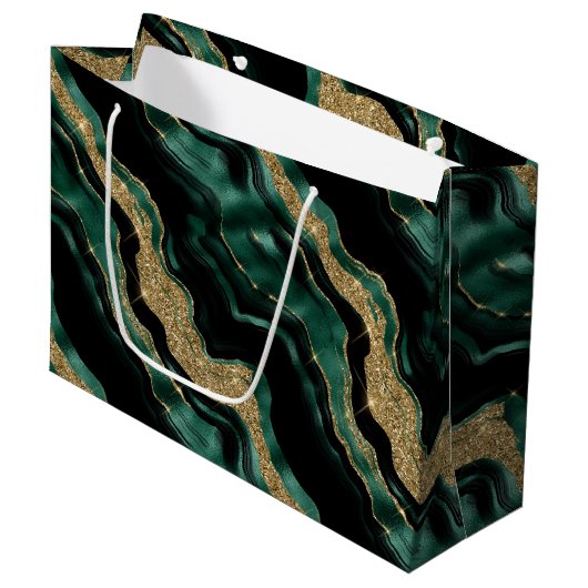 Eleganter Green und Gold Glitzer Agate Birthday Große Geschenktüte (Vorderseite Schrägansicht)