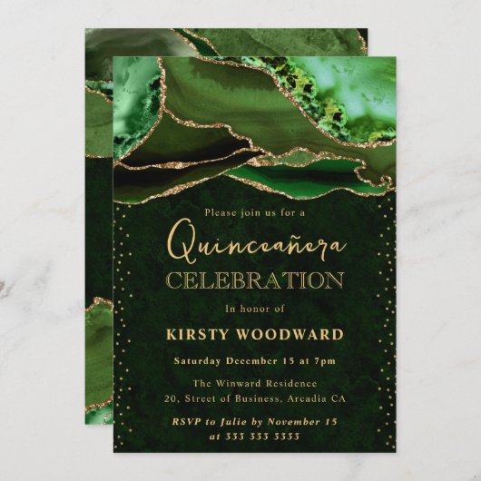 Eleganter Green und Gold Glitzer Agate Quinceanera Einladung (Vorne/Hinten)