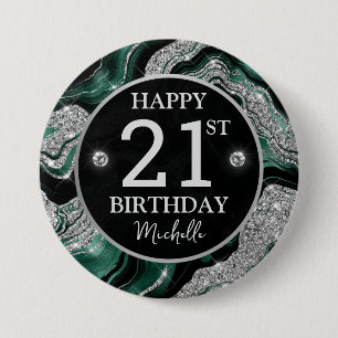 Eleganter Green und Silver Glitzer Agate Birthday Button