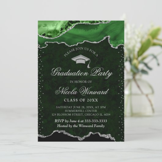 Eleganter Green und Silver Marble Agate Abschluss Einladung (Stehend Vorderseite)
