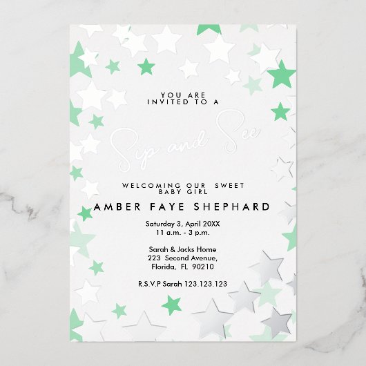 Eleganter Grün & Silber Sip und Begrüßungsbaby Folieneinladung (Vorderseite)