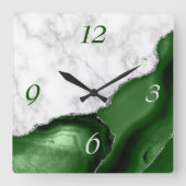 Eleganter Grüner Agate Silver Glitzer Marmor Quadratische Wanduhr (Vorderseite)