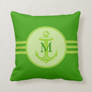 Eleganter grüner Anker auf mit Monogramm Kissen