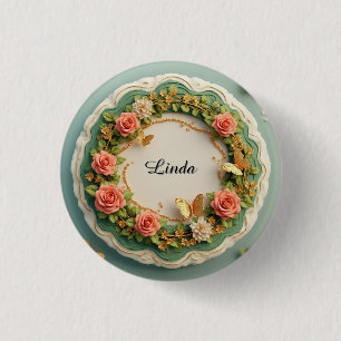 Eleganter grüner Blumenrahmen mit rosa Rosen Button