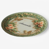 Eleganter grüner Blumenrahmen mit rosa Rosen Pappteller (Schrägansicht)
