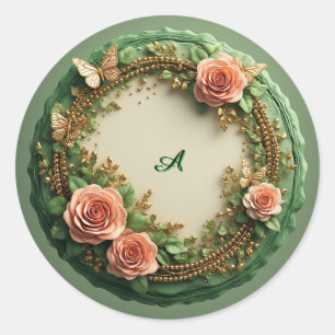 Eleganter grüner Blumenrahmen mit rosa Rosen Runder Aufkleber
