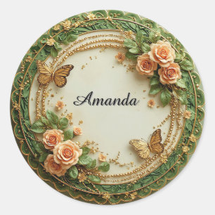 Eleganter grüner Blumenrahmen mit rosa Rosen Runder Aufkleber