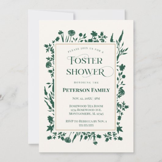 Eleganter grüner Botanischer Foster Care-Duschkopf Einladung (Vorderseite)